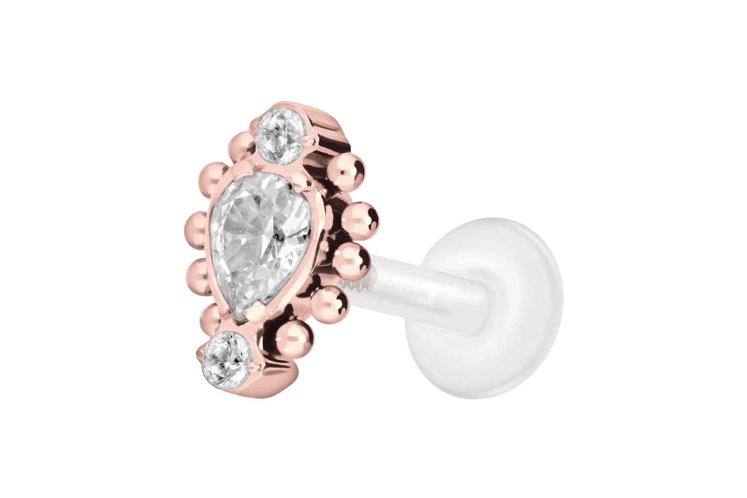 PTFE Labret Piercing mit Innengewinde + Titan-Aufsatz 3 EINGEFASSTE KRISTALLE + KUGELN